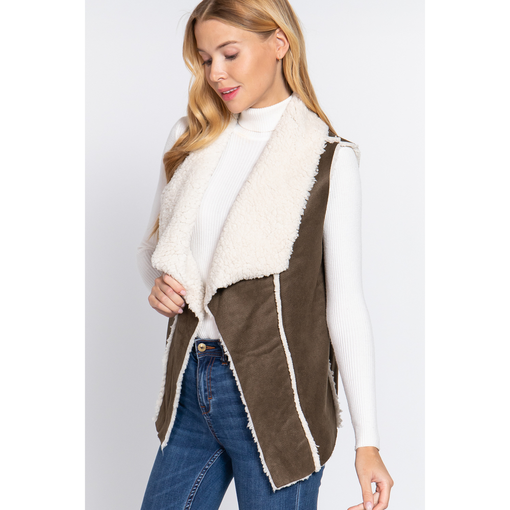 Shawl Faux Suede Fur Bonded Vest - Picture 3 of 8